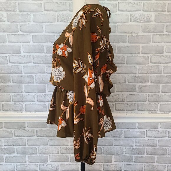 Buckle Willow & Root Blouse Open Back Long Sleeve Peplum Boho Ruffled L Brown - Picture 3 of 9